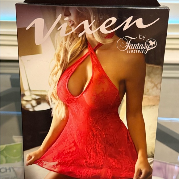 Fantasy Lingerie Vixen Red Halter Chemise - Picture 4 of 7